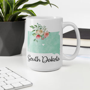 South Dakota SD Map Floral Coffee Mug - White