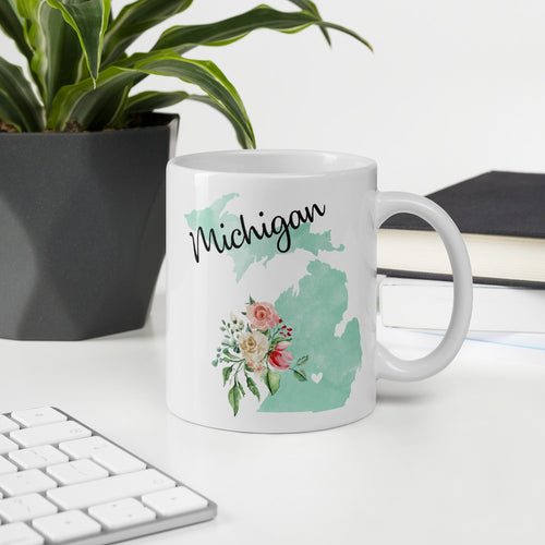 Michigan MI Map Floral Coffee Mug - White