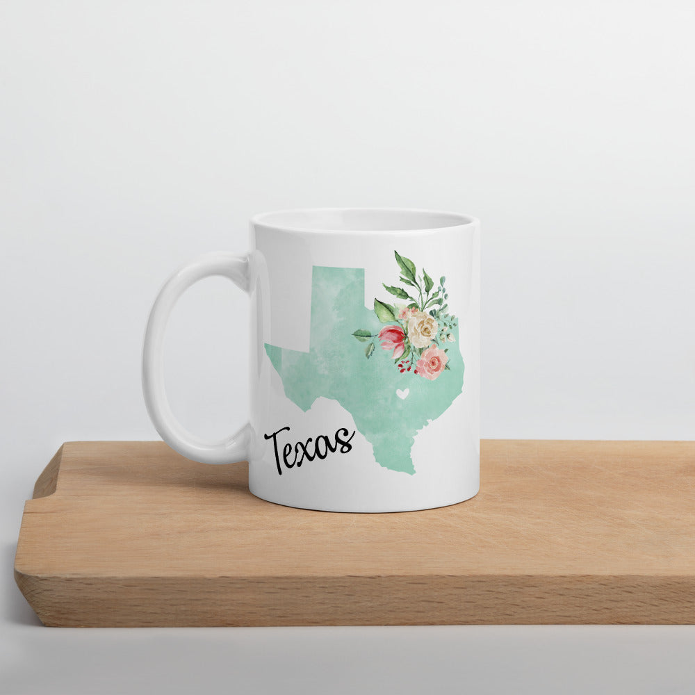 Texas TX Map Floral Coffee Mug - White