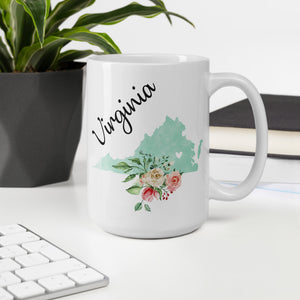 Virginia VA Map Floral Coffee Mug - White