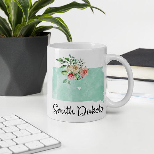 South Dakota SD Map Floral Coffee Mug - White