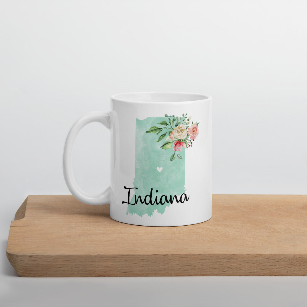 Indiana IN Map Floral Coffee Mug - White