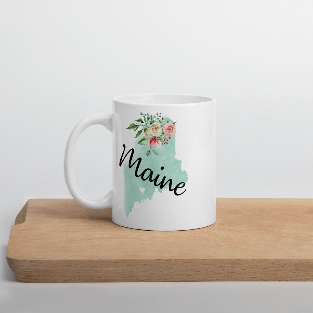 Maine ME Map Floral Coffee Mug - White