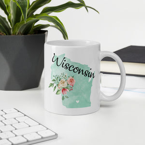 Wisconsin WI Map Floral Coffee Mug - White