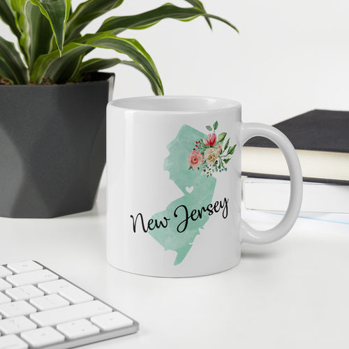 New Jersey NJ Map Floral Coffee Mug - White