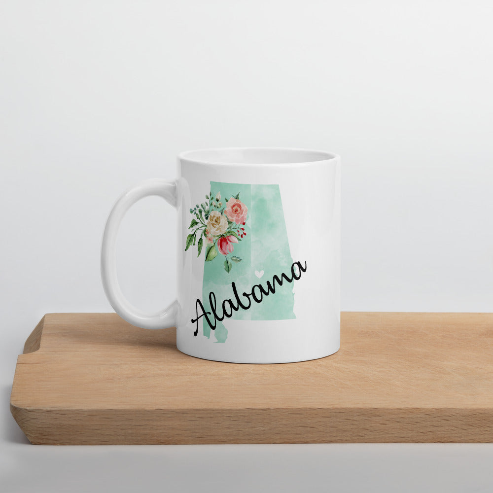 Alabama AL Map Floral Coffee Mug - White