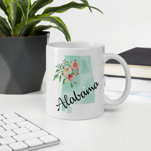 Alabama AL Map Floral Coffee Mug - White