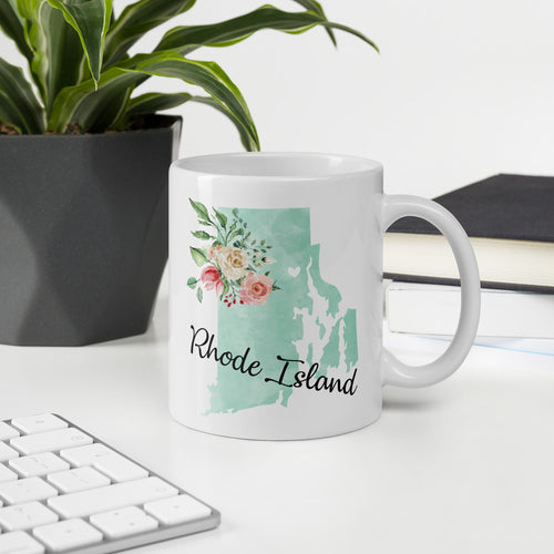 Rhode Island RI Map Floral Coffee Mug - White