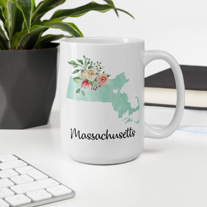 Massachusetts MA Map Floral Coffee Mug - White