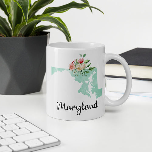 Maryland MD Map Floral Coffee Mug - White