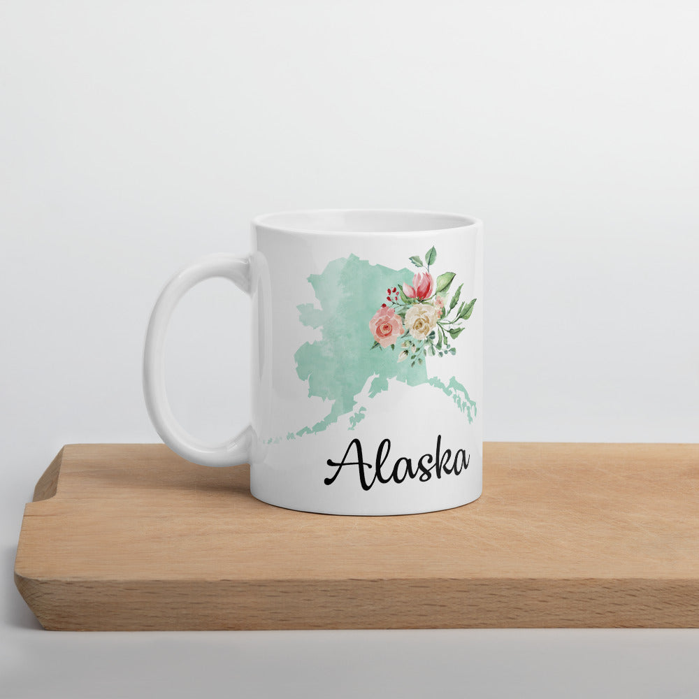 Alaska AK Map Floral Coffee Mug - White