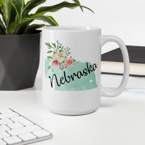 Nebraska NE Map Floral Coffee Mug - White