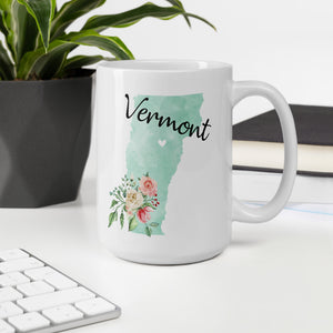 Vermont VT Map Floral Coffee Mug - White