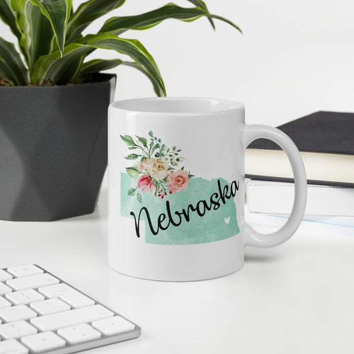 Nebraska NE Map Floral Coffee Mug - White