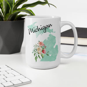 Michigan MI Map Floral Coffee Mug - White