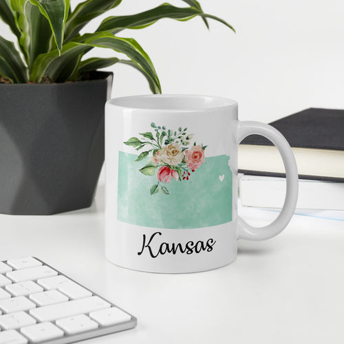Kansas KS Map Floral Coffee Mug - White