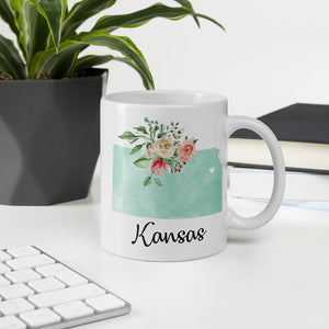 Kansas KS Map Floral Coffee Mug - White
