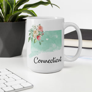 Connecticut CT Map Floral Coffee Mug - White