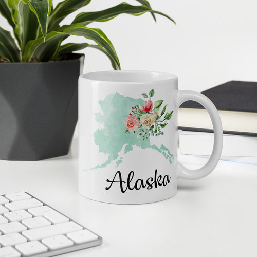 Alaska AK Map Floral Coffee Mug - White