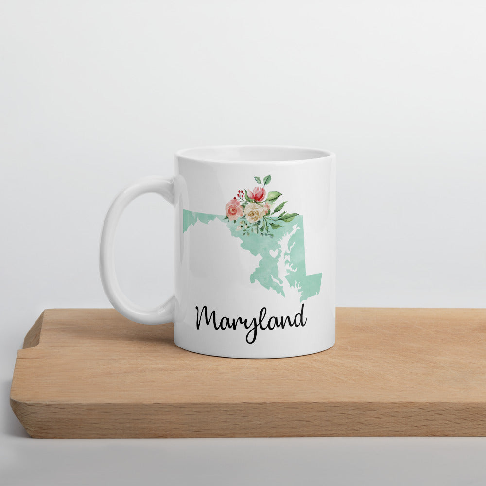 Maryland MD Map Floral Coffee Mug - White
