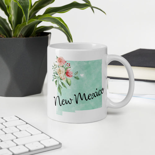 New Mexico NM Map Floral Coffee Mug - White