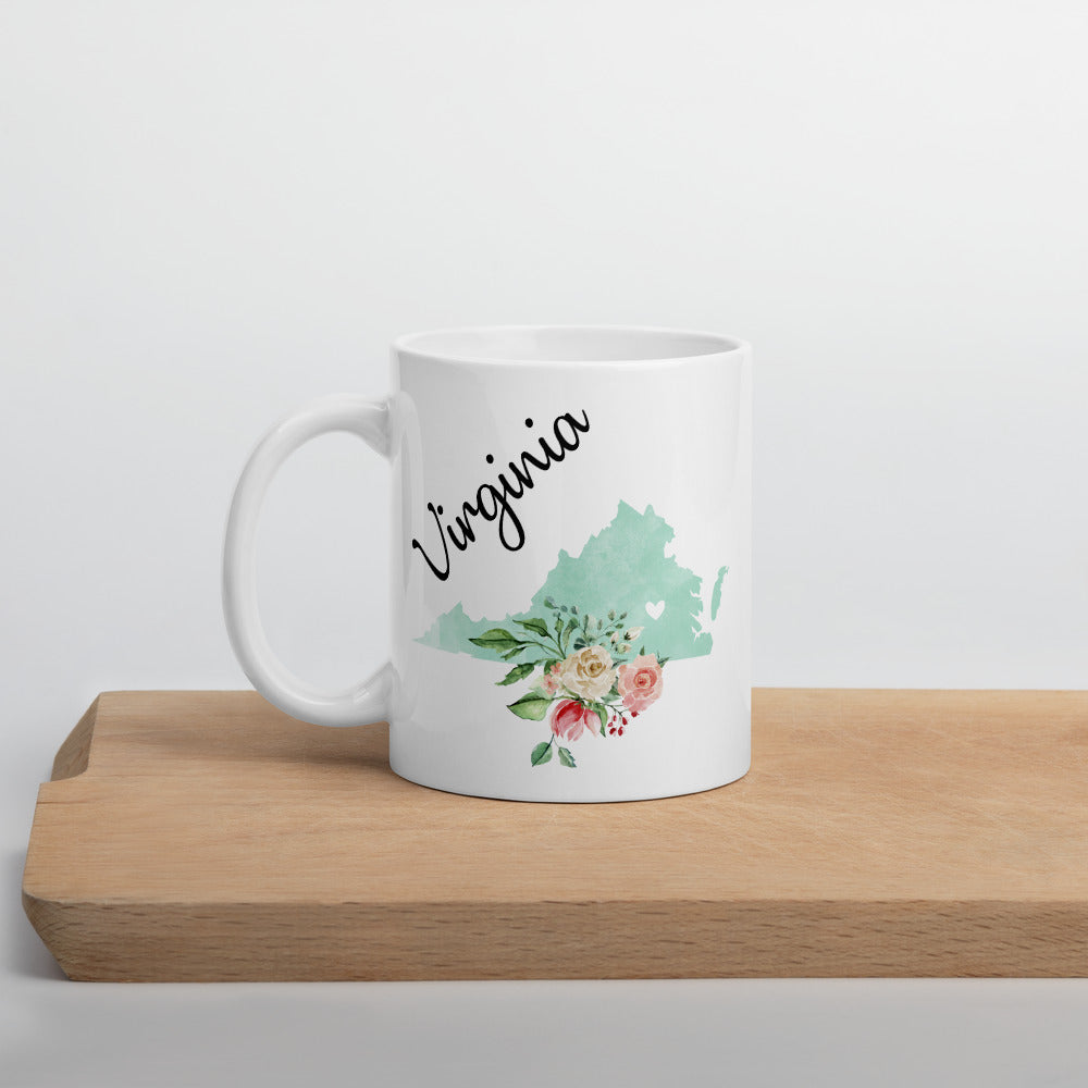 Virginia VA Map Floral Coffee Mug - White