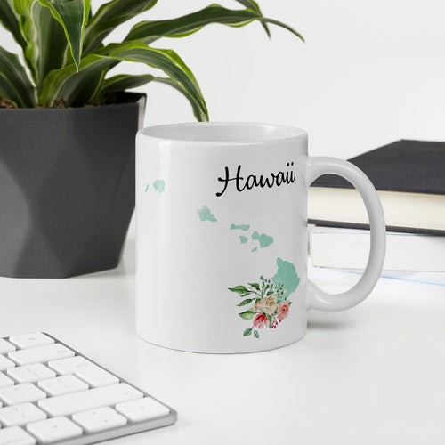 Hawaii HI Map Floral Coffee Mug - White