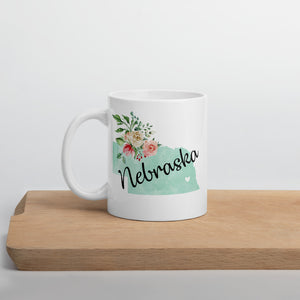 Nebraska NE Map Floral Coffee Mug - White