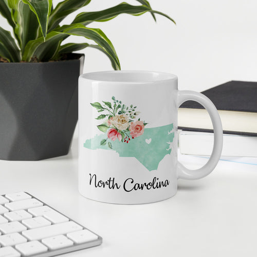 North Carolina NC Map Floral Coffee Mug - White
