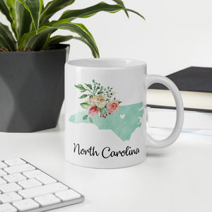 North Carolina NC Map Floral Coffee Mug - White
