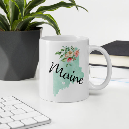 Maine ME Map Floral Coffee Mug - White
