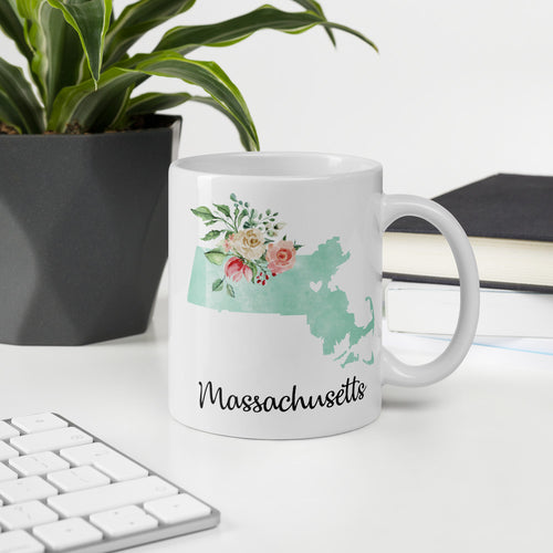 Massachusetts MA Map Floral Coffee Mug - White