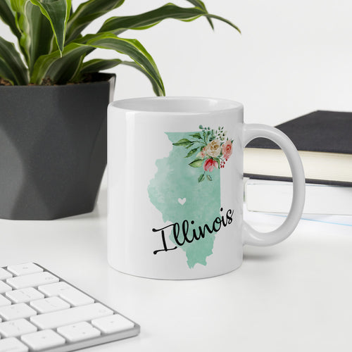 Illinois IL Map Floral Coffee Mug - White