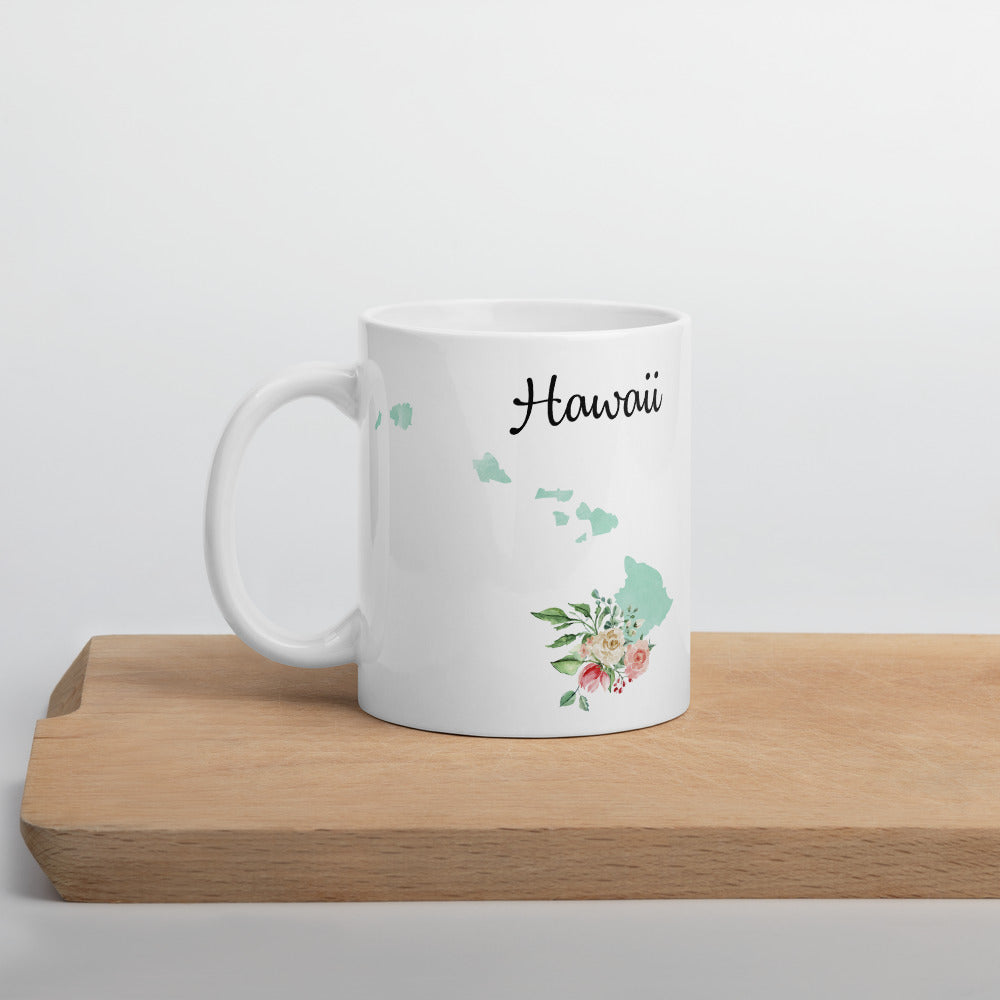 Hawaii HI Map Floral Coffee Mug - White