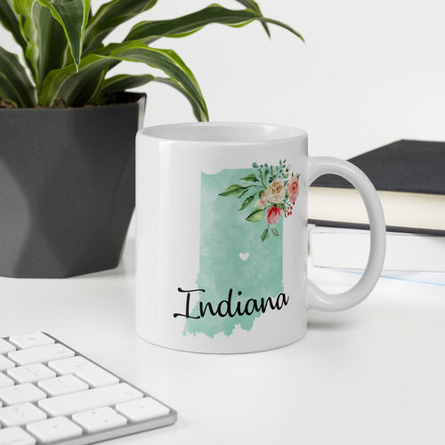 Indiana IN Map Floral Coffee Mug - White
